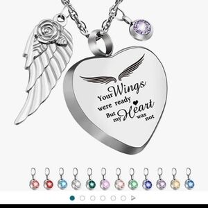 Elegant Silver Heart and Wing Necklace with Purple Charm